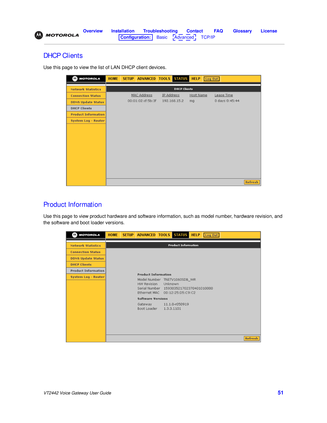 Motorola VT2442 manual Dhcp Clients, Product Information 