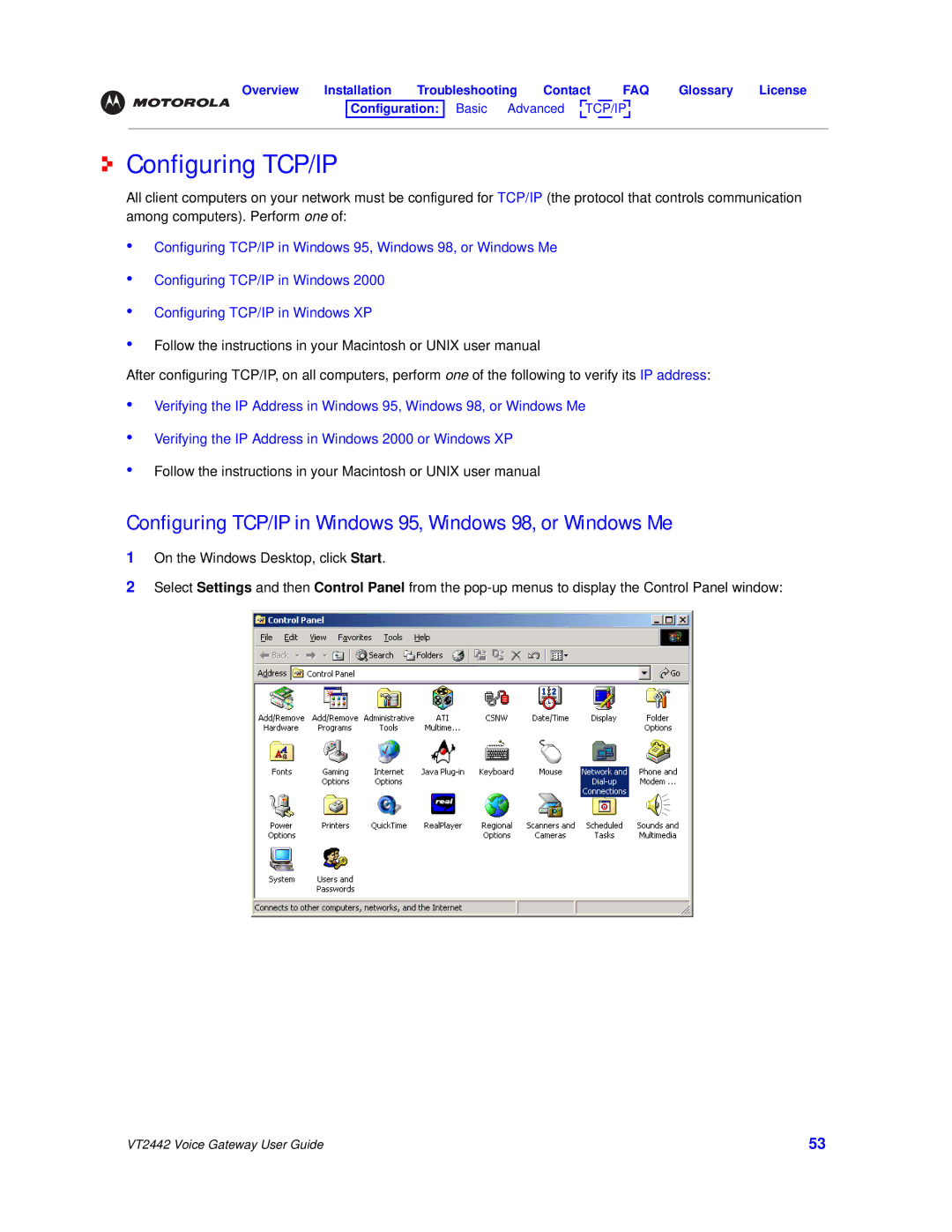 Motorola VT2442 manual Configuring TCP/IP in Windows 95, Windows 98, or Windows Me 