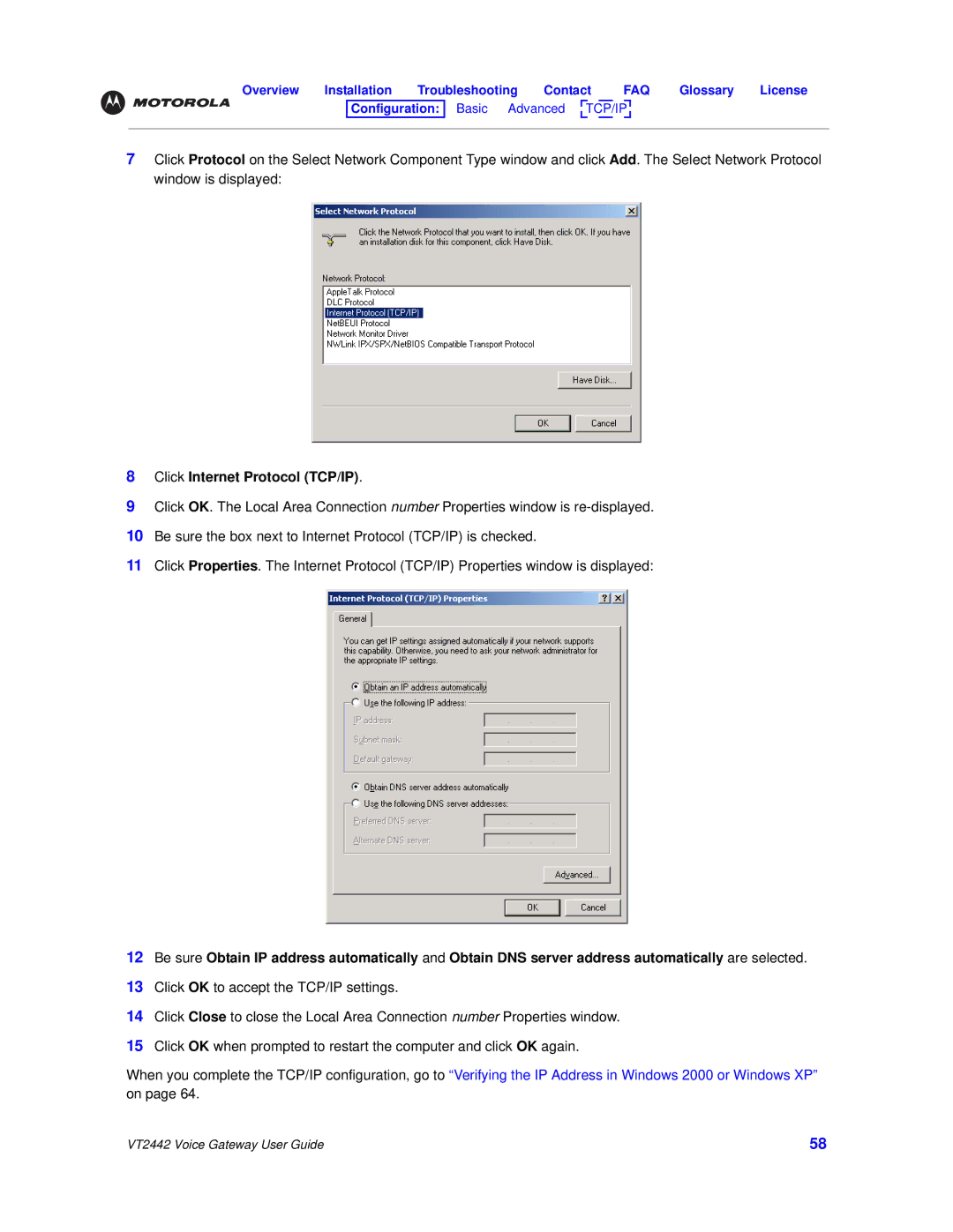 Motorola VT2442 manual Click Internet Protocol TCP/IP 