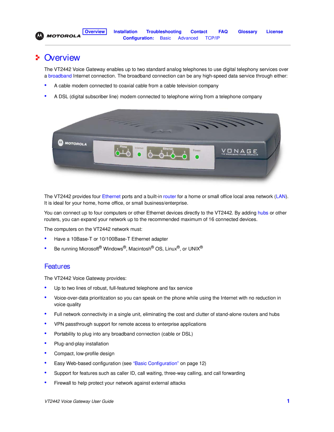 Motorola VT2442 manual Overview, Features 