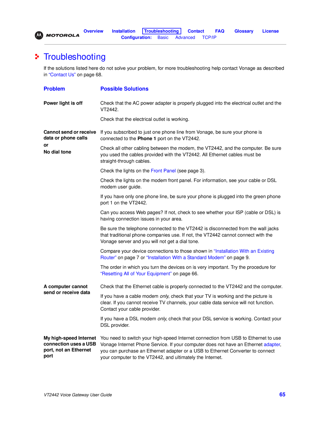 Motorola VT2442 manual Troubleshooting, Problem Possible Solutions 