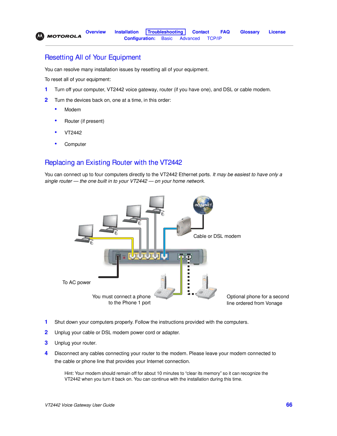 Motorola manual Resetting All of Your Equipment, Replacing an Existing Router with the VT2442 