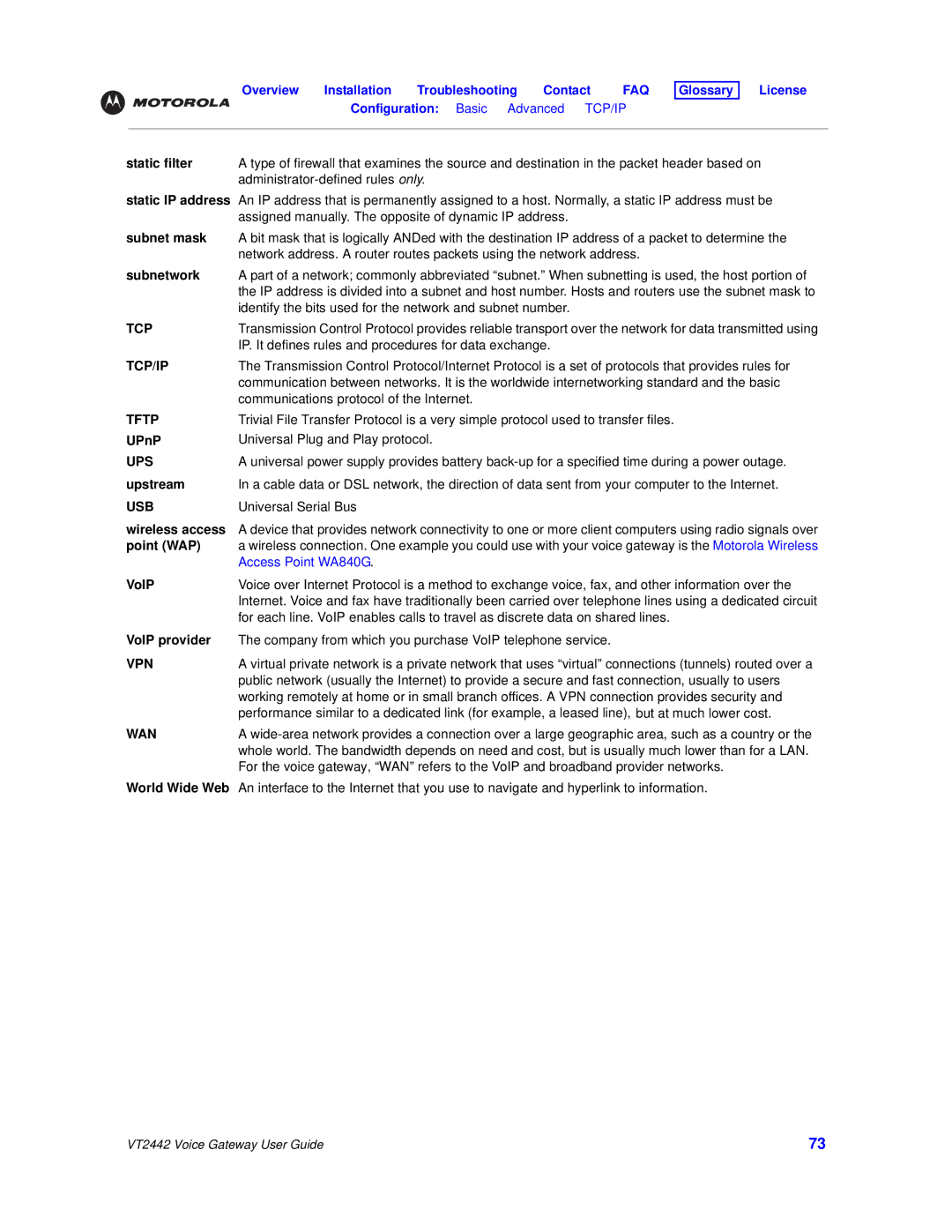 Motorola VT2442 Static filter, Static IP address, Subnet mask, Subnetwork, UPnP, Upstream, Wireless access, Point WAP 