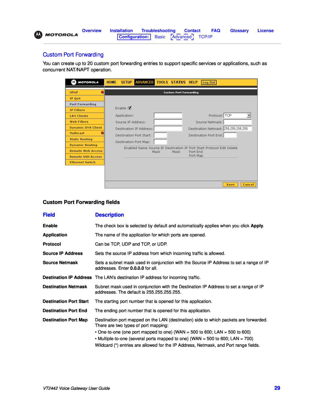 Motorola VT2442 Custom Port Forwarding fields, Field, Description, Overview, Installation, Contact, Glossary, License 