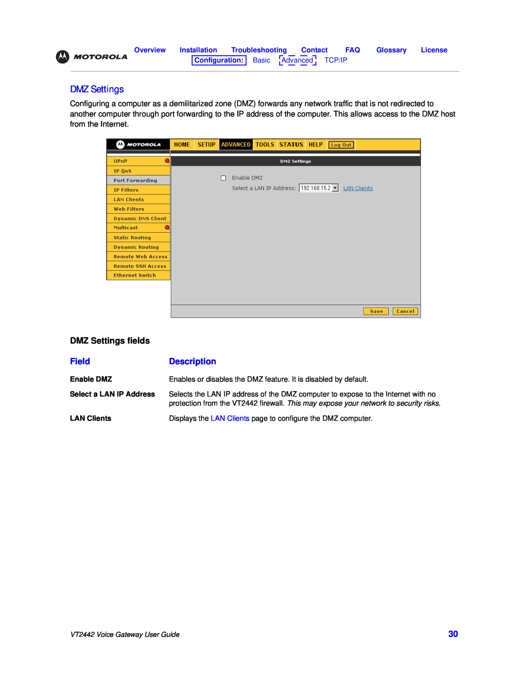 Motorola VT2442 manual DMZ Settings fields, Field, Description 