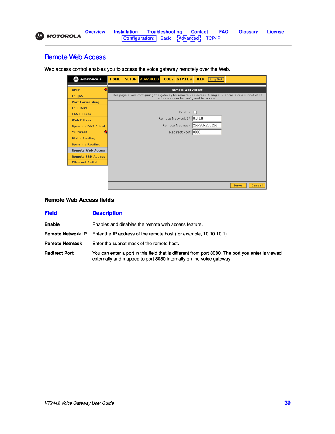 Motorola VT2442 Remote Web Access fields, Field, Description, Overview, Installation, Contact, Glossary, License, ce d 