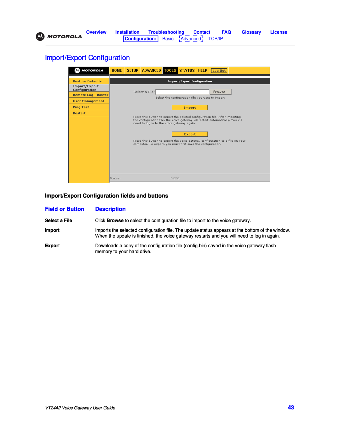 Motorola VT2442 manual Import/Export Configuration fields and buttons, Field or Button, Description 