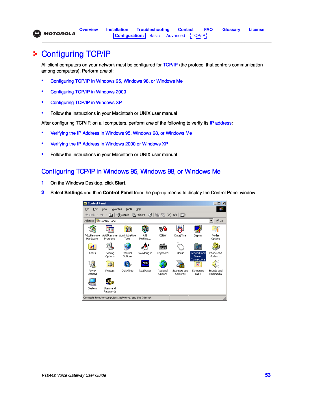 Motorola VT2442 manual Configuring TCP/IP in Windows 95, Windows 98, or Windows Me 