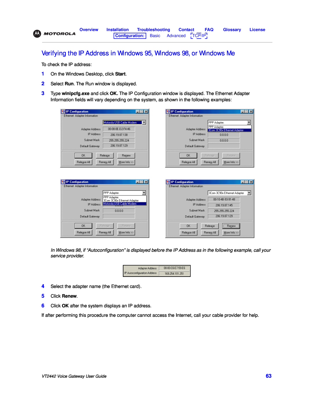 Motorola VT2442 manual Verifying the IP Address in Windows 95, Windows 98, or Windows Me 