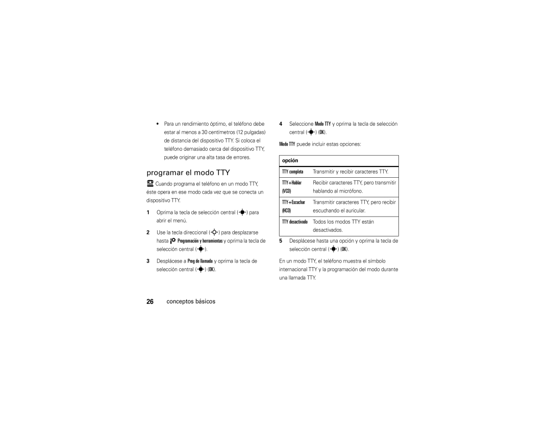 Motorola VU204 manual Programar el modo TTY, TTY+Hablar, Opción 