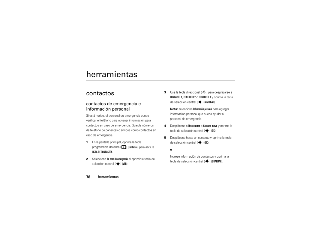 Motorola VU204 manual Herramientas, Contactos de emergencia e información personal 