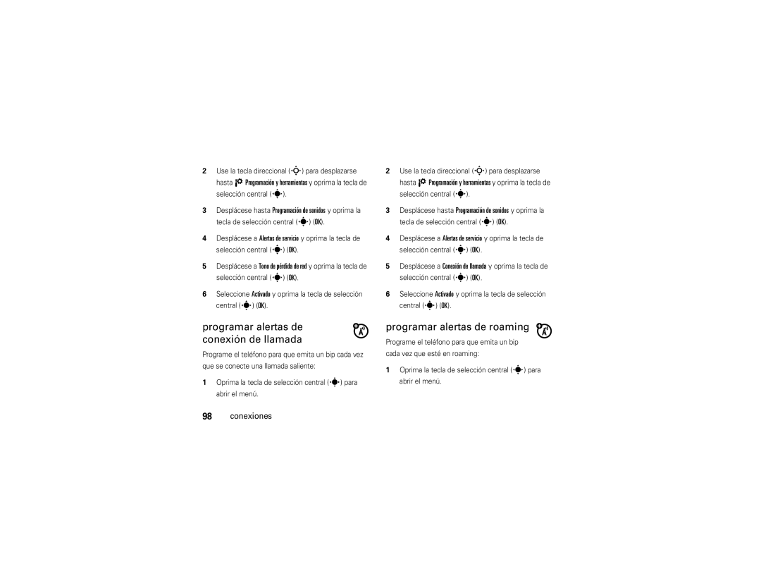Motorola VU204 manual Programar alertas de conexión de llamada, Programar alertas de roaming, Selección central s 