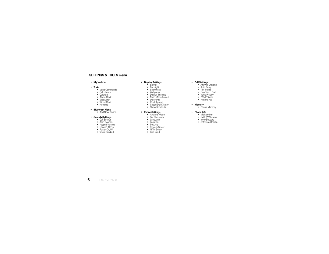 Motorola VU204 manual Settings & Tools menu, My Verizon Display Settings Call Settings 