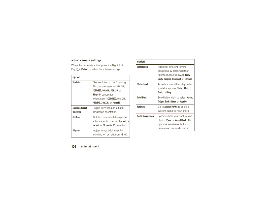 Motorola VU30 Adjust camera settings, Orientation, Self Timer, Brightness, White Balance, Shutter Sound, Quack, or Boing 