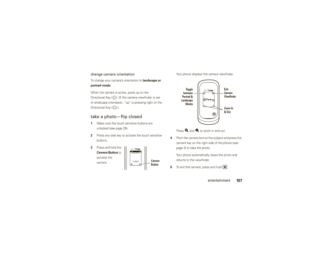 Motorola VU30 manual Take a photo-flip closed, Change camera orientation, Portrait mode, Camera Button to 