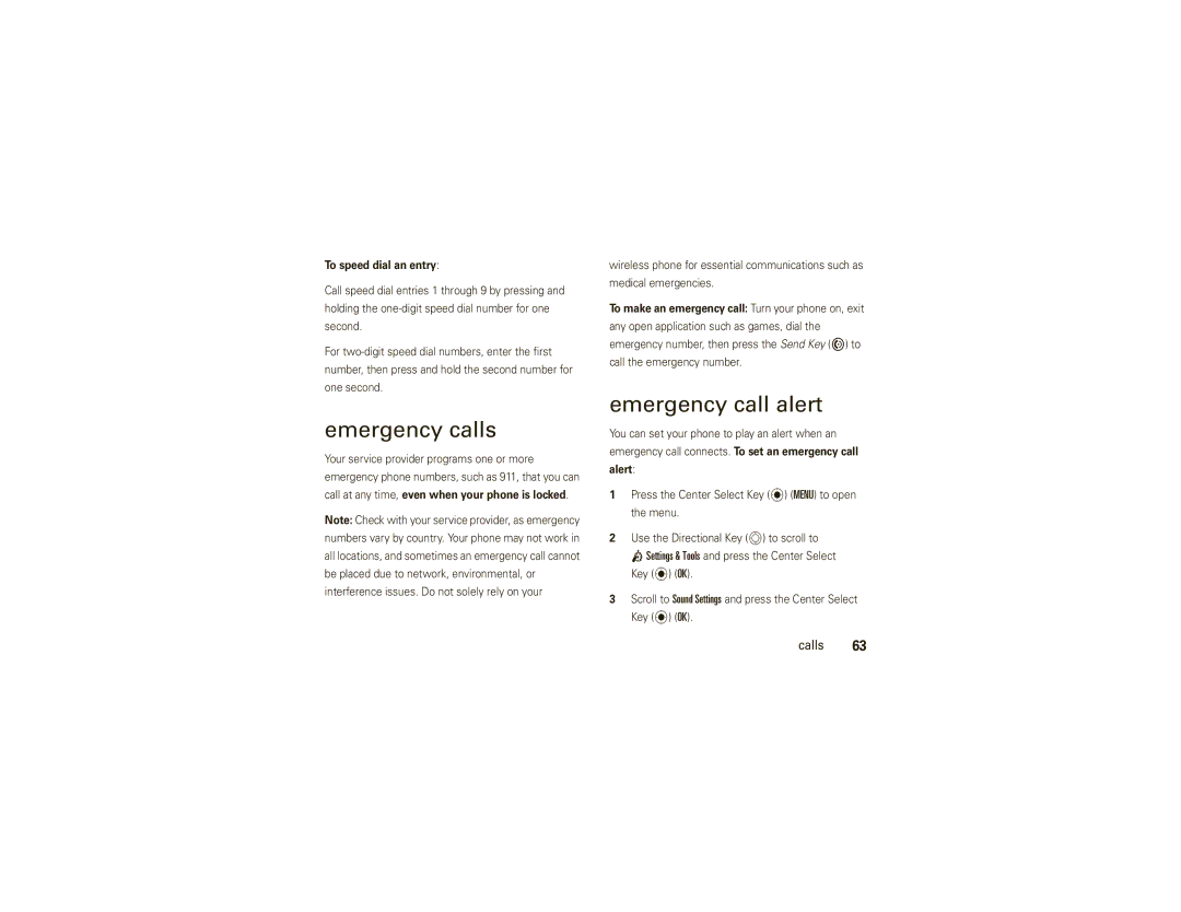 Motorola VU30 manual Emergency calls, Emergency call alert, To speed dial an entry 