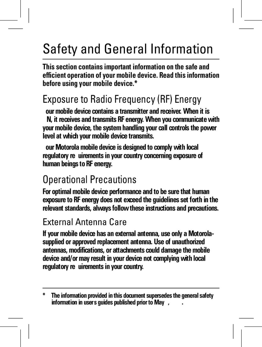 Motorola W156, W160, W161 Safety and General Information, Exposure to Radio Frequency RF Energy, Operational Precautions 