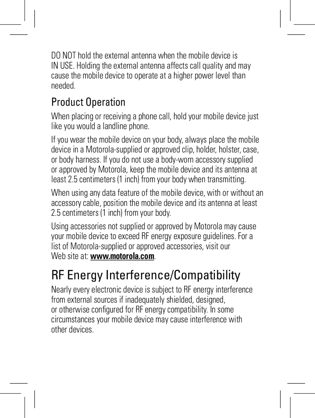 Motorola W160, W161, W156 manual RF Energy Interference/Compatibility, Product Operation 