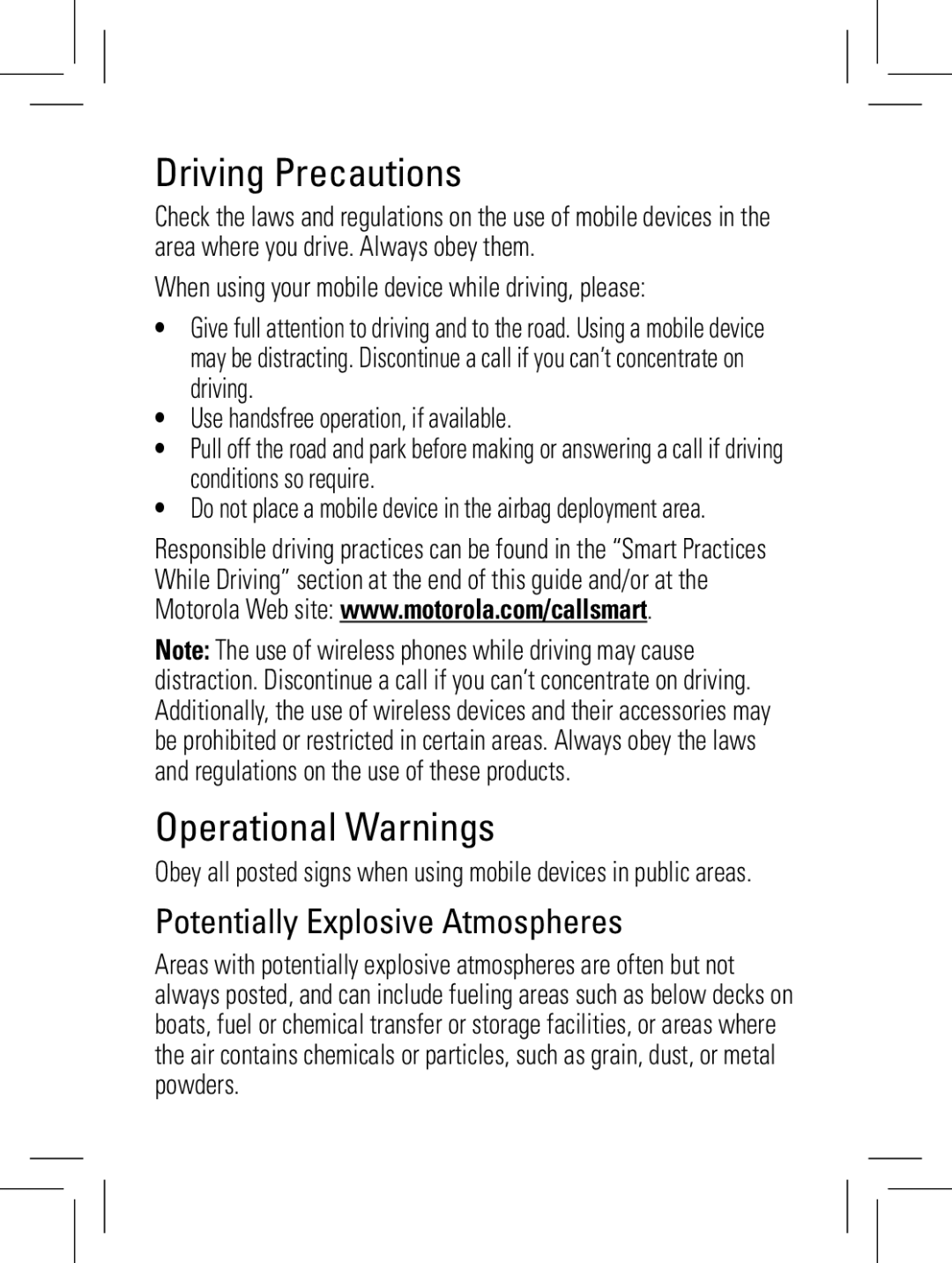 Motorola W156, W160, W161 manual Driving Precautions, Operational Warnings, Potentially Explosive Atmospheres 