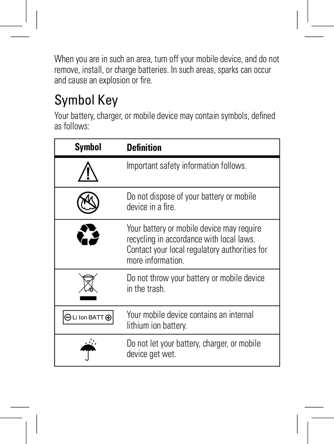 Motorola W160, W161, W156 manual Symbol Key, Do not throw your battery or mobile device in the trash 