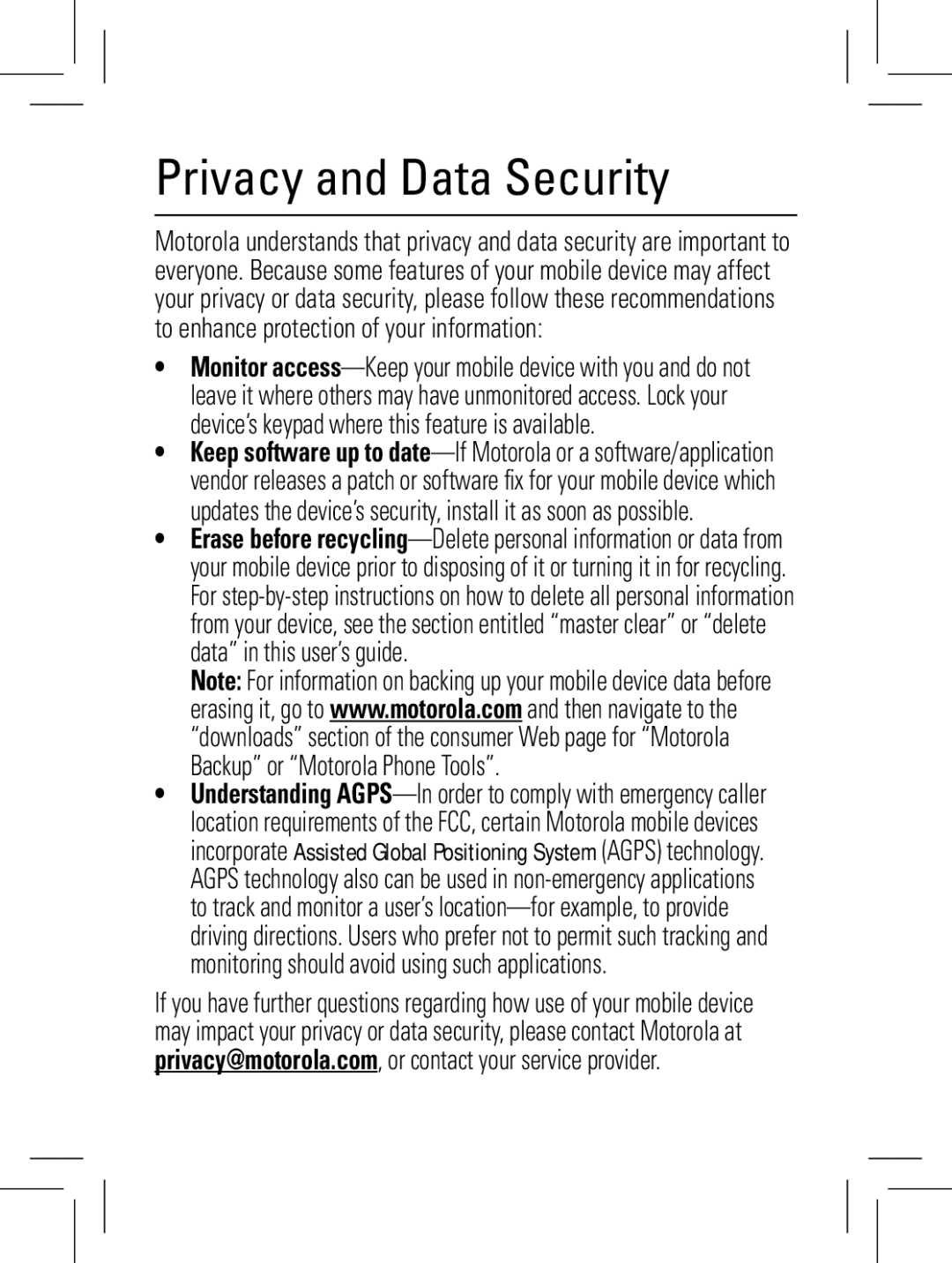 Motorola W161, W160, W156 manual Privacy and Data Security 