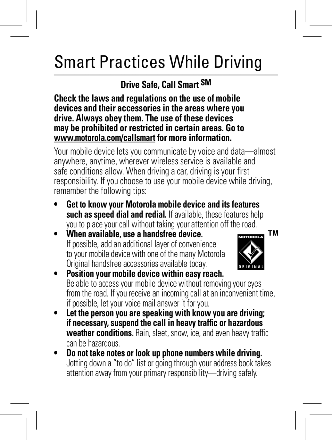 Motorola W156, W160, W161 manual Smart Practices While Driving, Drive Safe, Call Smart SM 