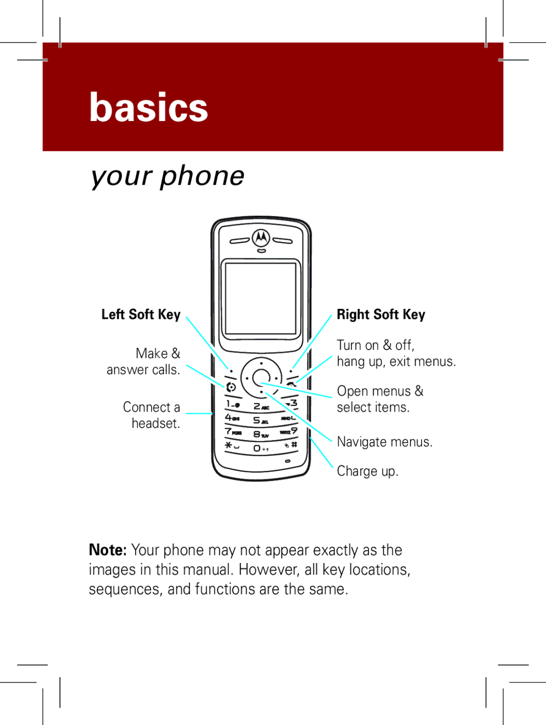 Motorola W160, W161, W156 manual Basics, Your phone 