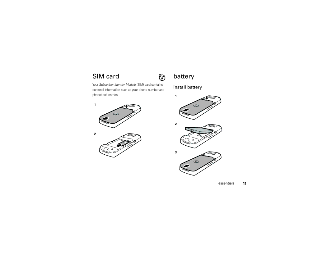 Motorola W175g manual SIM card, Battery, Install battery 