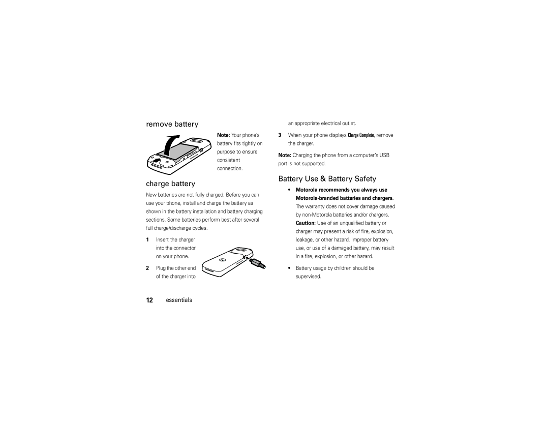 Motorola W175g manual Remove battery Charge battery, Battery Use & Battery Safety, On your phone 