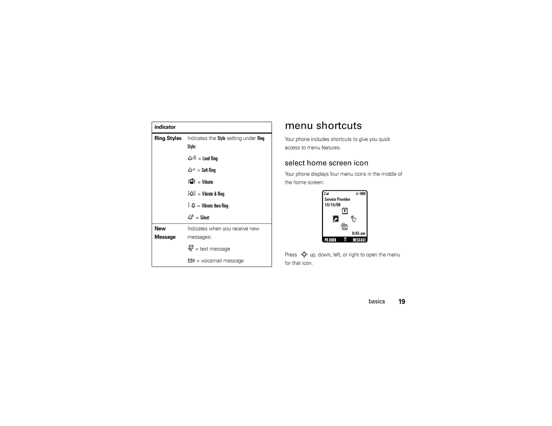 Motorola W175g manual Menu shortcuts, Select home screen icon 