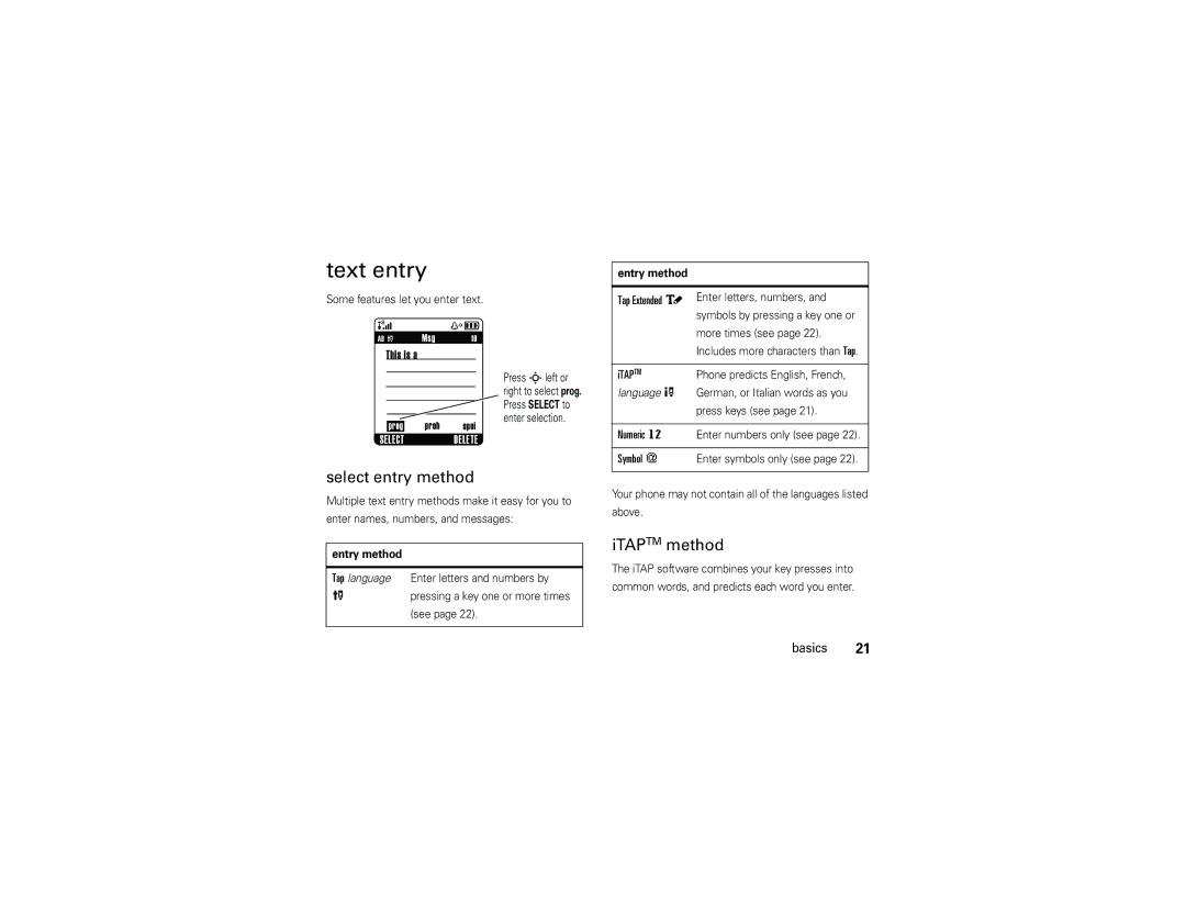 Motorola W175g manual Text entry, Select entry method, ITAPTM method 