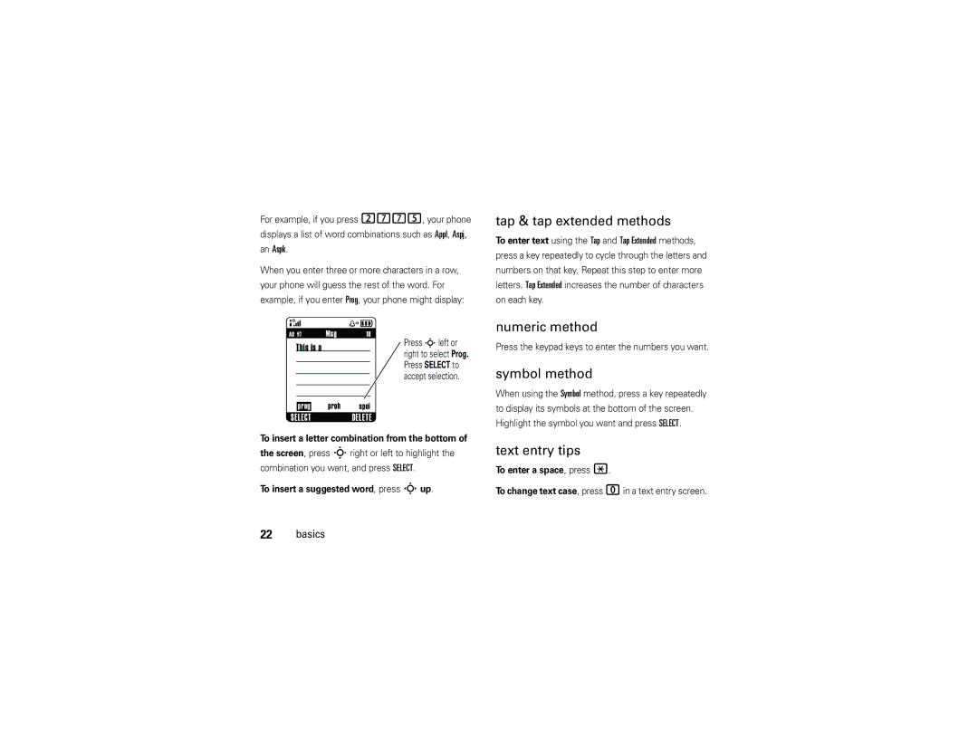 Motorola W175g manual Tap & tap extended methods, Numeric method, Symbol method, Text entry tips 