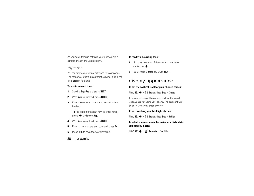 Motorola W175g manual Display appearance, My tones, Find it s w Settings Initial Setup Contrast 