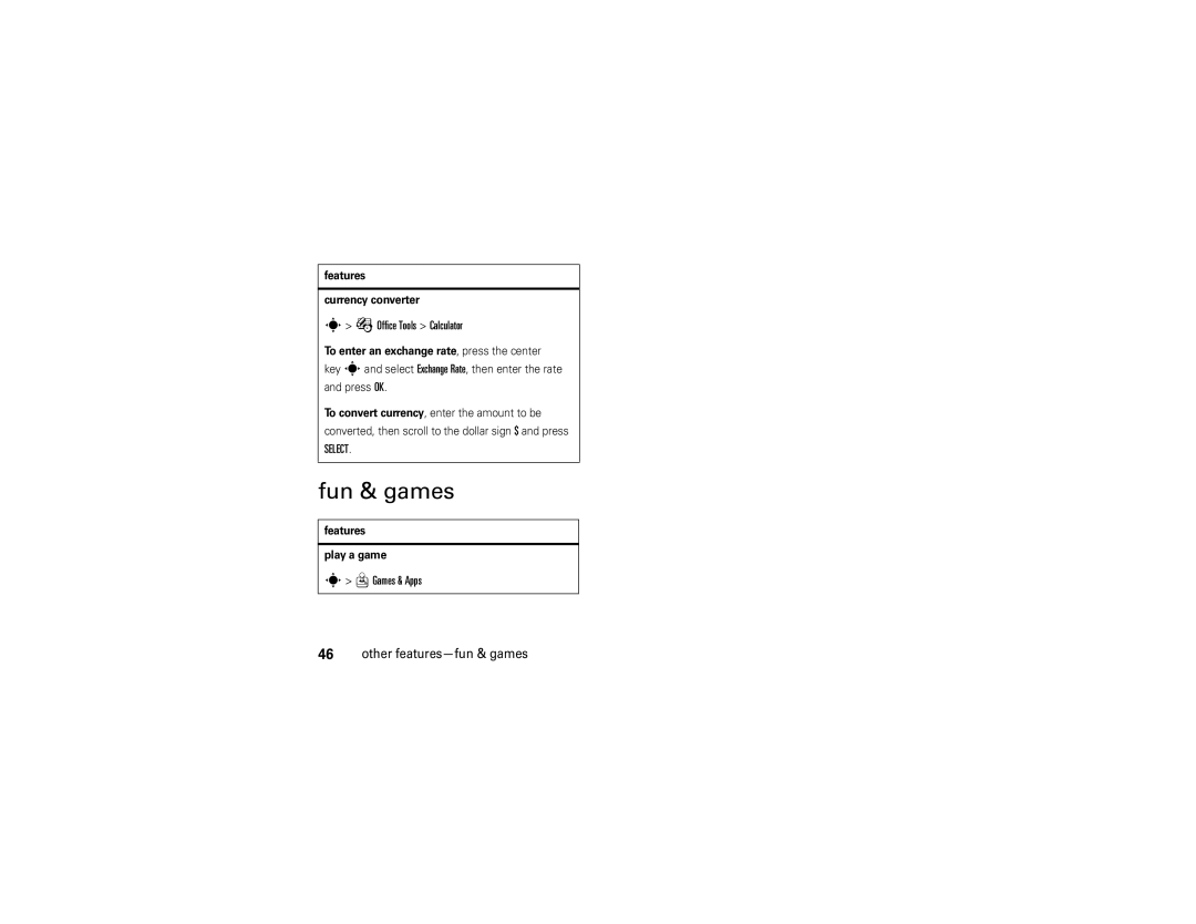 Motorola W175g manual Fun & games, Games & Apps Other features-fun & games, Features Currency converter, Press OK 