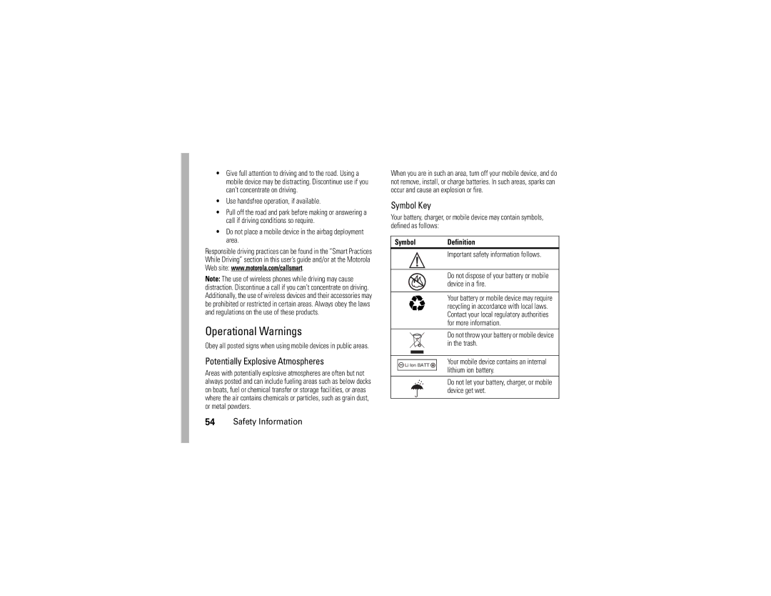 Motorola W175g manual Operational Warnings 