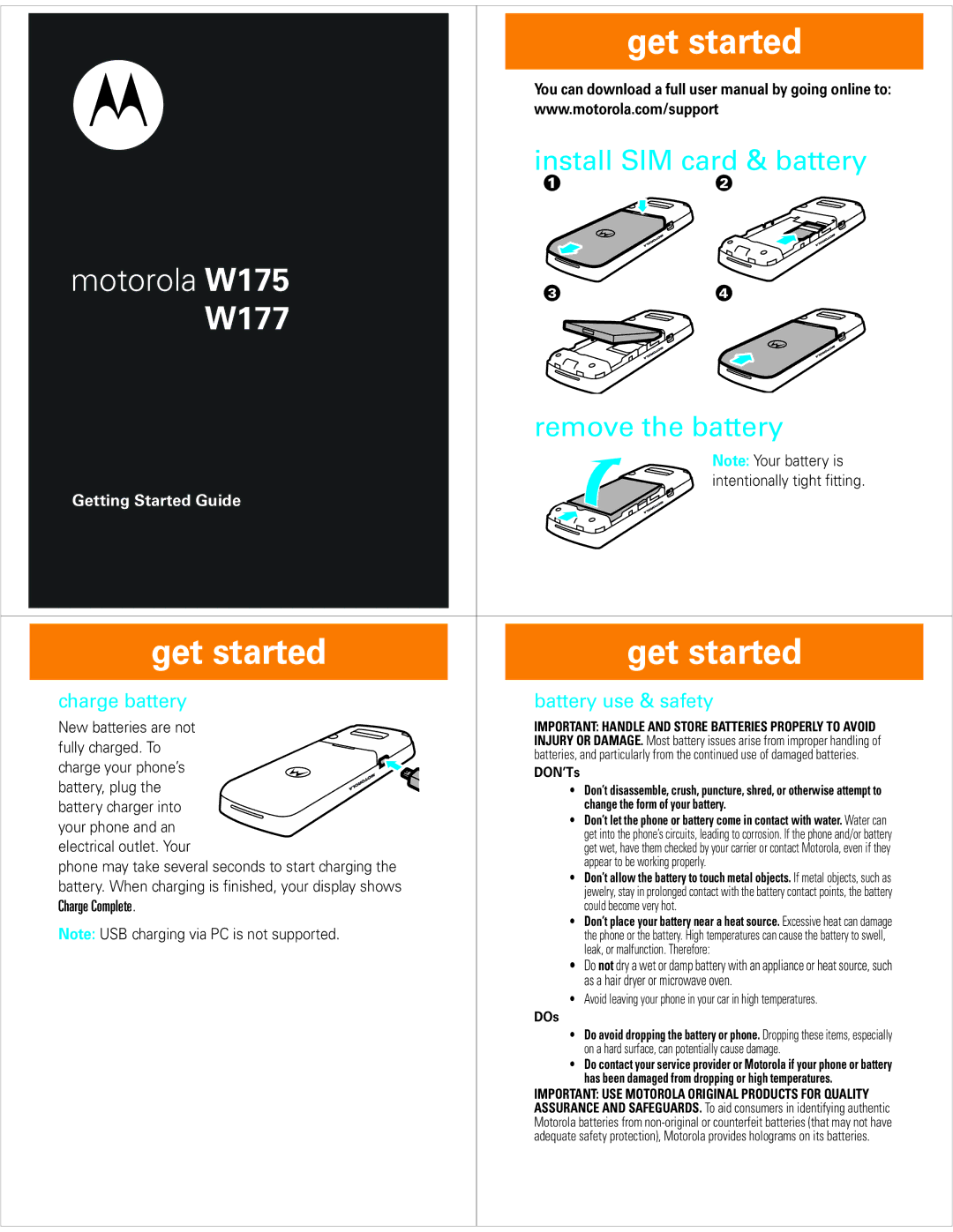 Motorola W177 user manual Get started, Install SIM card & battery, Remove the battery 