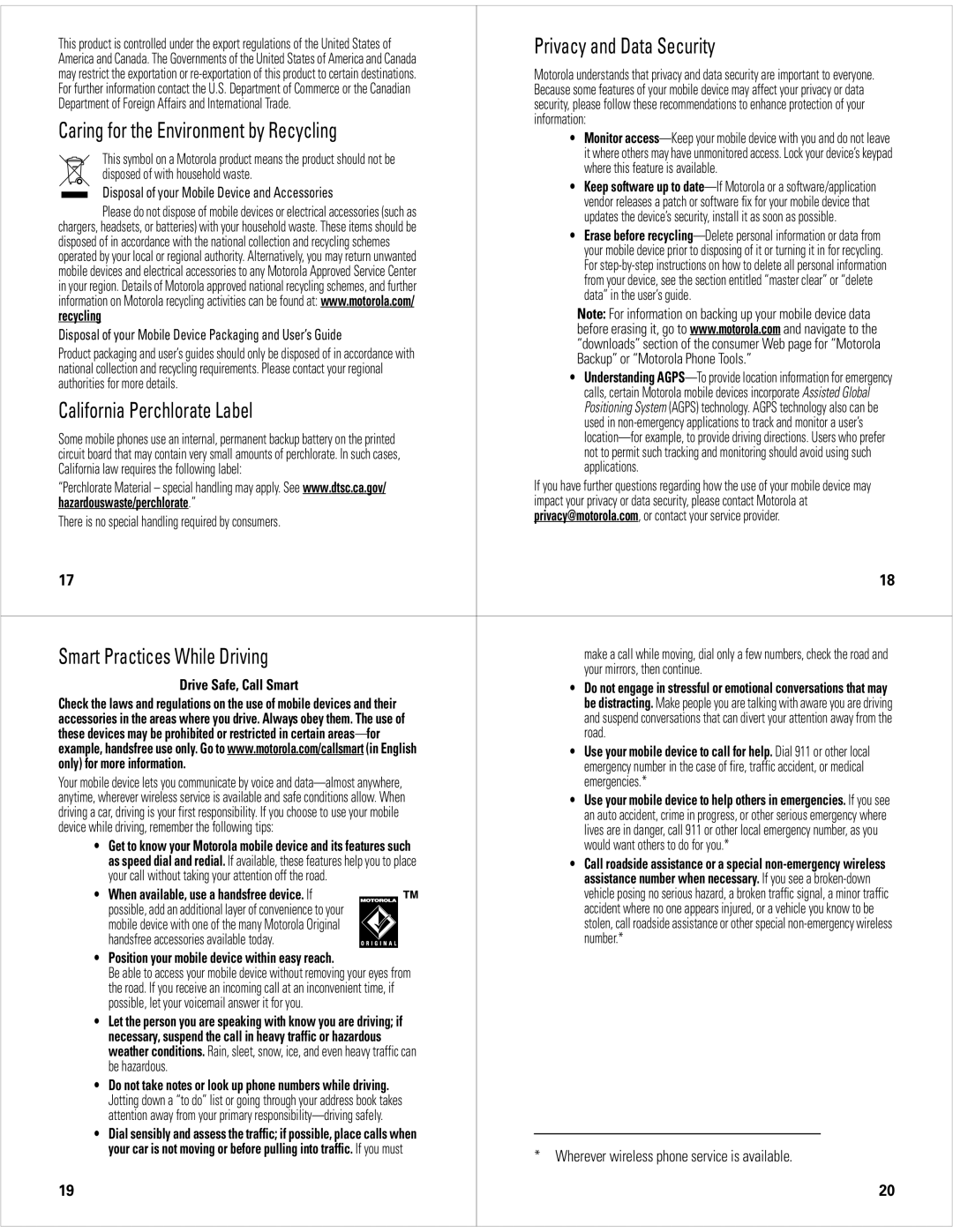 Motorola W177 user manual Privacy and Data Security, Caring for the Environment by Recycling, California Perchlorate Label 