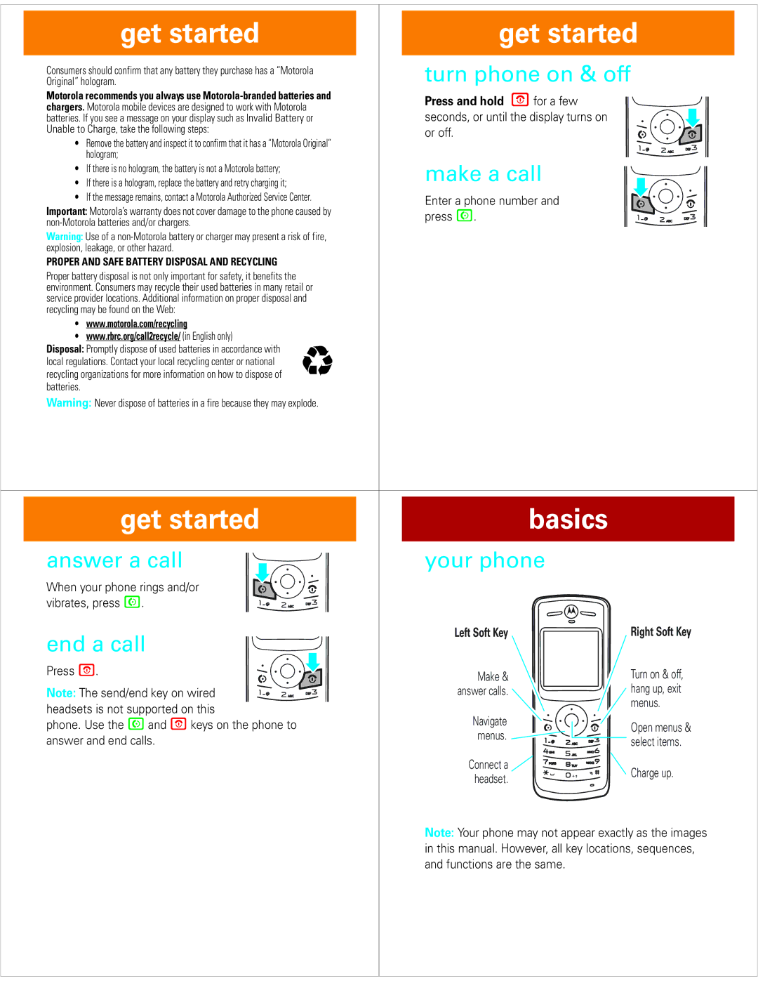 Motorola W177 user manual Get started Basics, Turn phone on & off, Make a call, Answer a call Your phone, End a call 