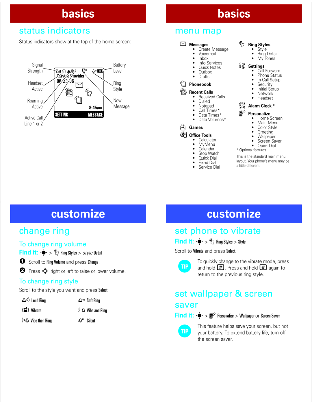 Motorola W177 Customize, Status indicators Menu map, Change ring Set phone to vibrate, Set wallpaper & screen, Saver 