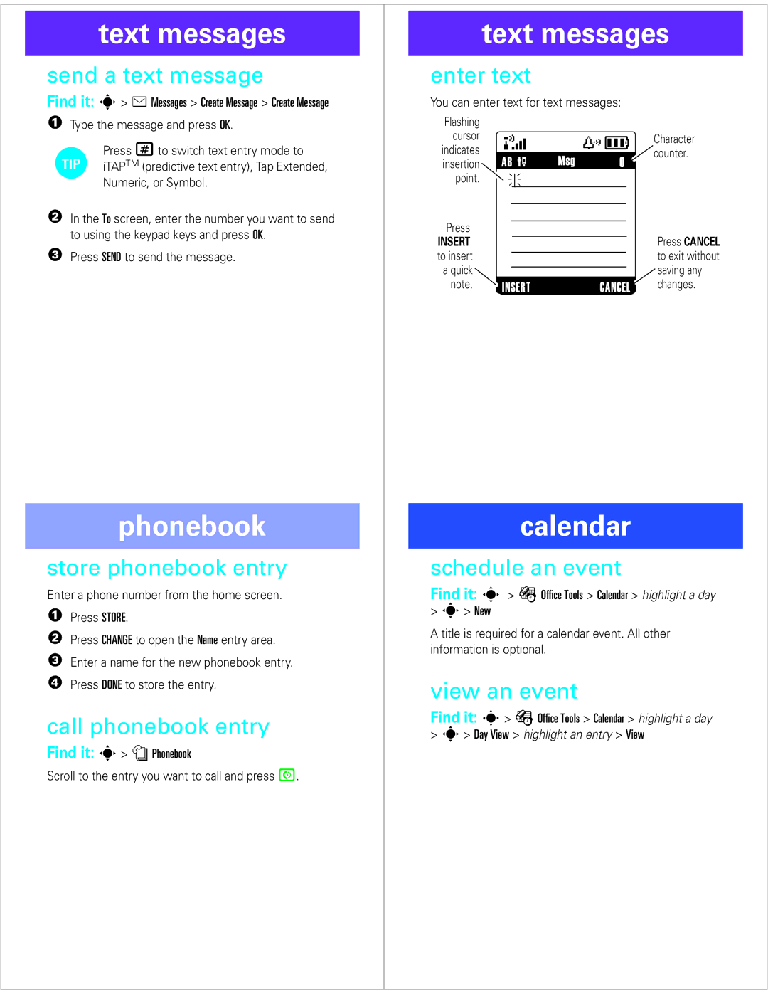 Motorola W177 user manual Text messages, Phonebook Calendar 