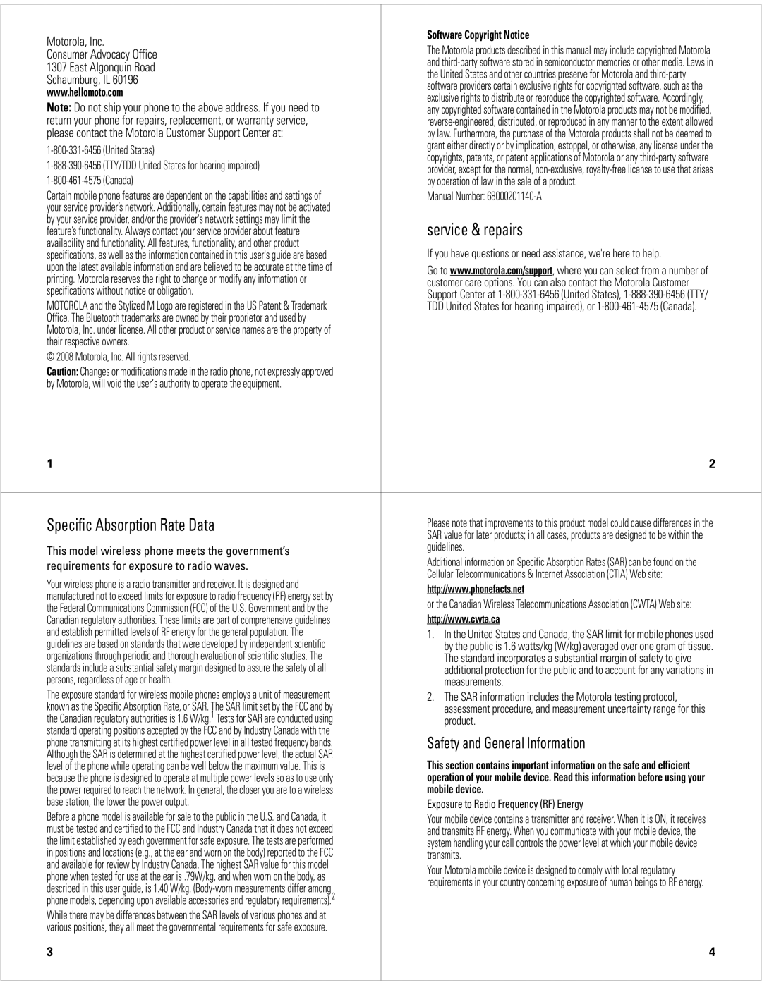 Motorola W177 user manual Service & repairs, Specific Absorption Rate Data 