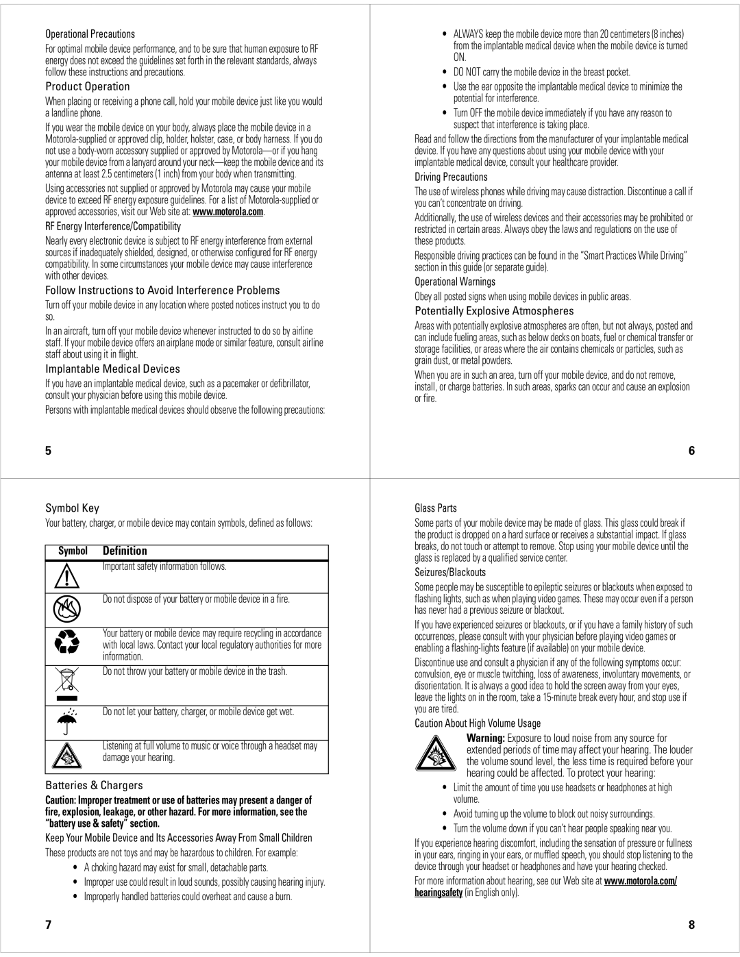 Motorola W177 user manual Definition, Symbol, Battery use & safety section 