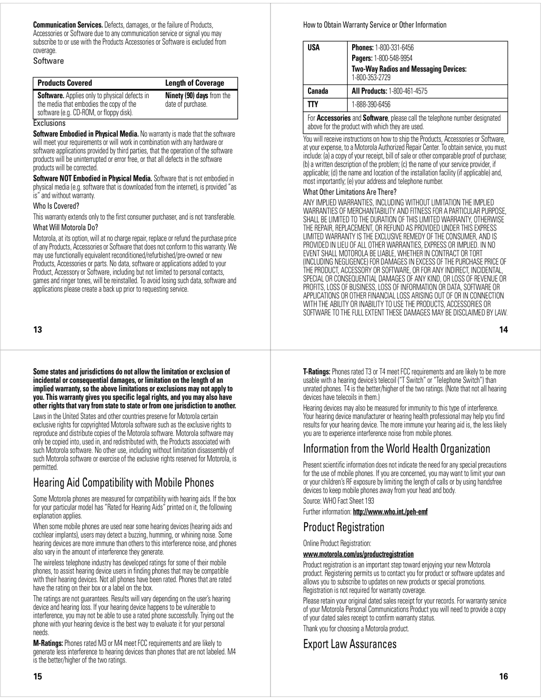 Motorola W177 Hearing Aid Compatibility with Mobile Phones, Product Registration, Export Law Assurances, Products Covered 