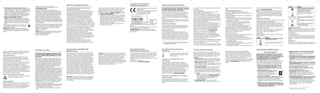 Motorola w181 warranty Specific Absorption Rate Data, European Union Directives Conformance Statement, FCC Notice to Users 