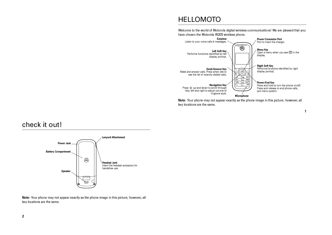 Motorola W205 manual Hellomoto, Check it out 