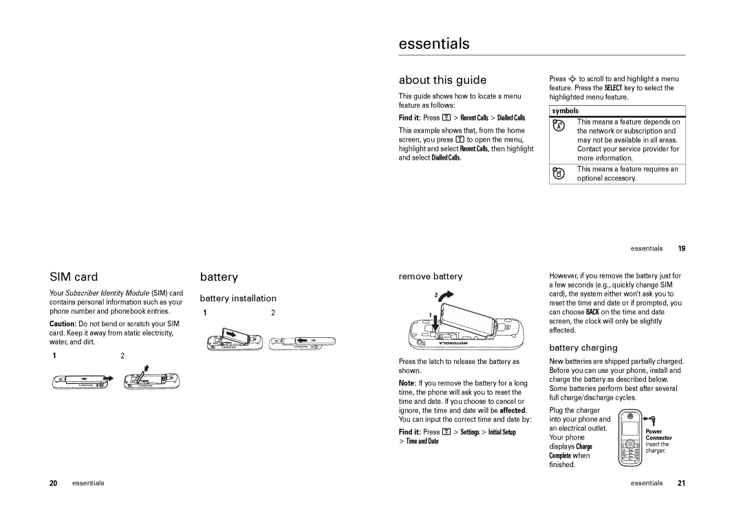 Motorola W205 manual Essentials, About this guide, SIM card, Battery 