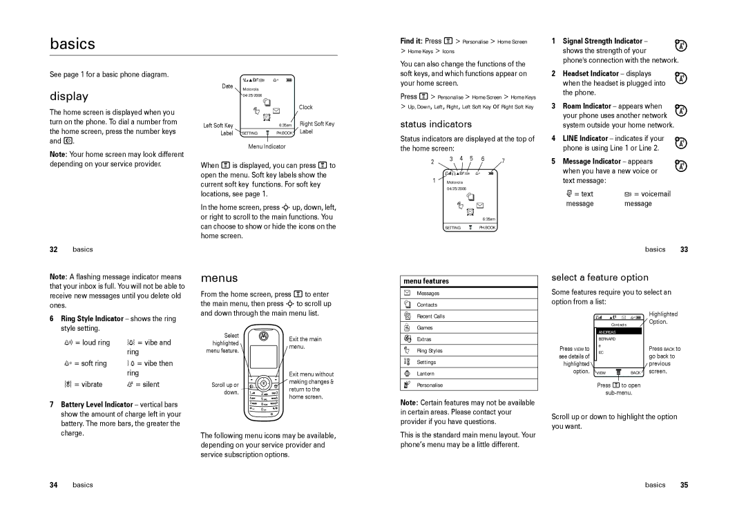 Motorola W205 manual Basics, Display, Menus, Status indicators, Select a feature option 