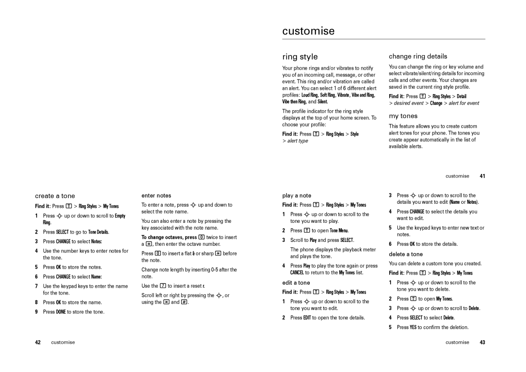 Motorola W205 manual Customise, Ring style, Create a tone, Change ring details, My tones 