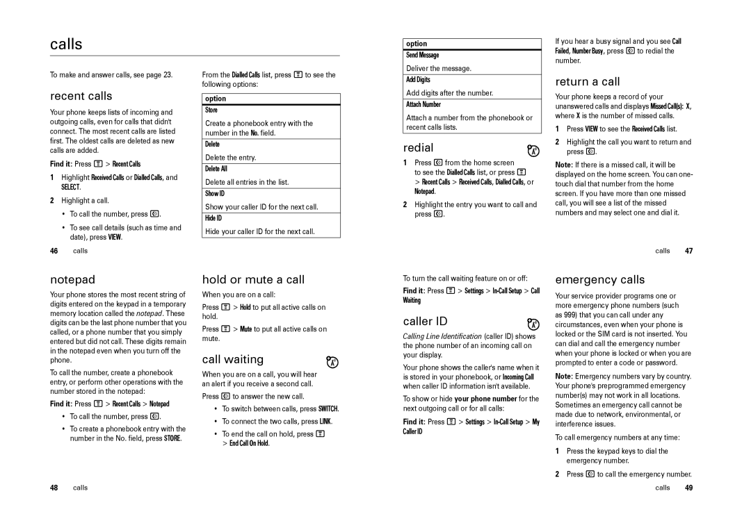 Motorola W205 manual Calls 