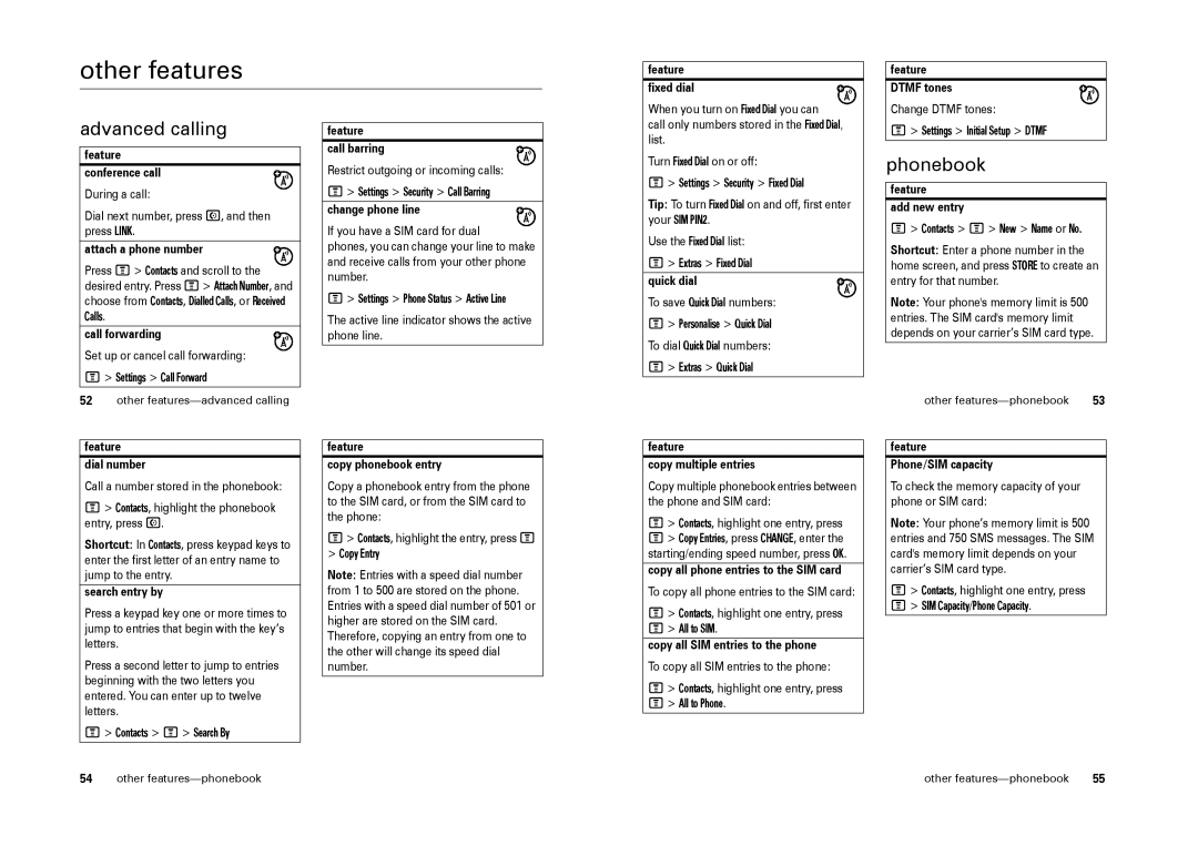 Motorola W205 manual Other features, Advanced calling, Phonebook 